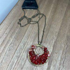 Brand New. Deep Red jeweled boho bronze necklace 17”